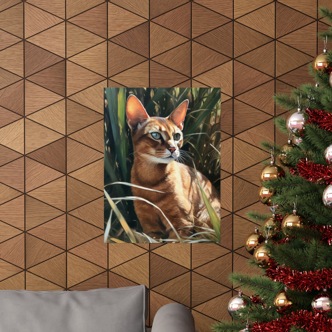 Abyssinian Cat Portrait Sunlit Grass Ruddy Ticked Coat Feline Art Print - Image 3
