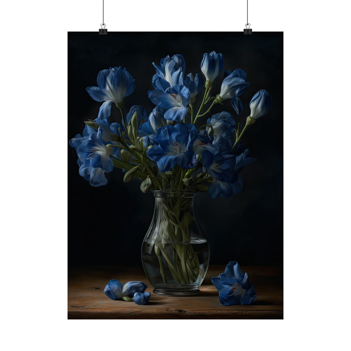 Cornflower Blue Freesia Bouquet Glass Vase Dark Still Life Poster - Image 5