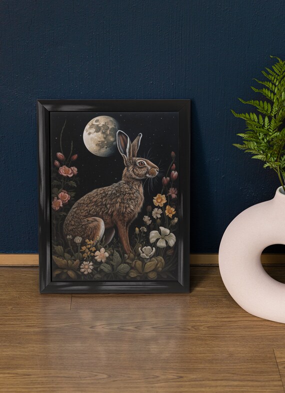 Wild Hare Gazing at Moon Dark Academia Wildflower Night Poster