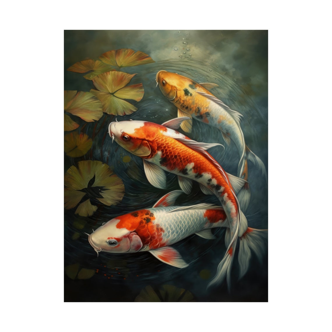 Three Koi Fish Swirling Pond Golden Lily Pads Painting Art Print - Image 4