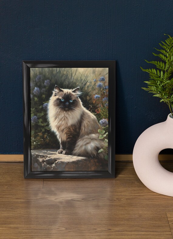 Himalayan Cat Sitting Blue Eyes Floral Garden Portrait Art Poster