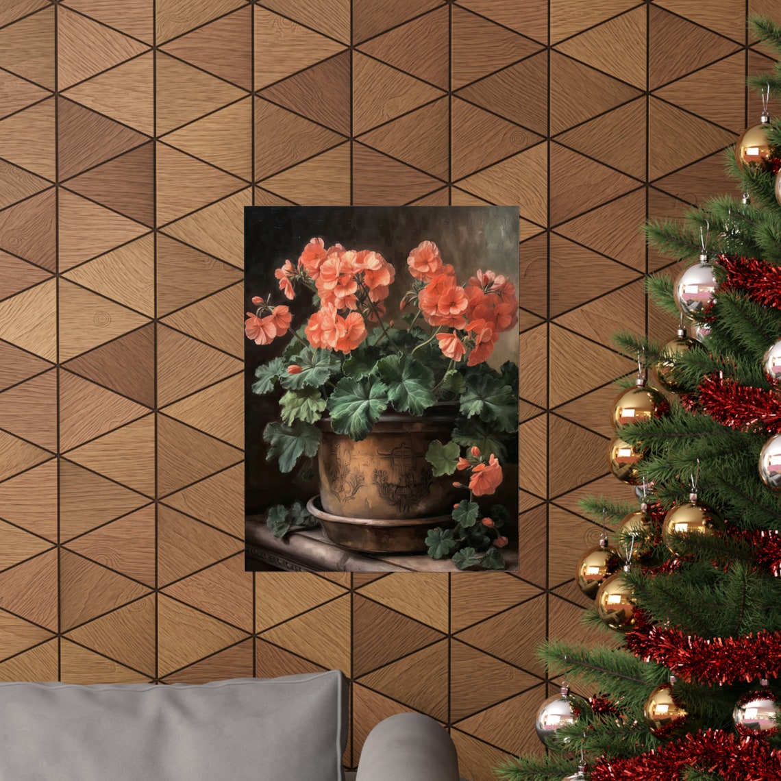 Coral Geranium Blooms Antique Copper Pot Dark Still Life Art Poster - Image 3