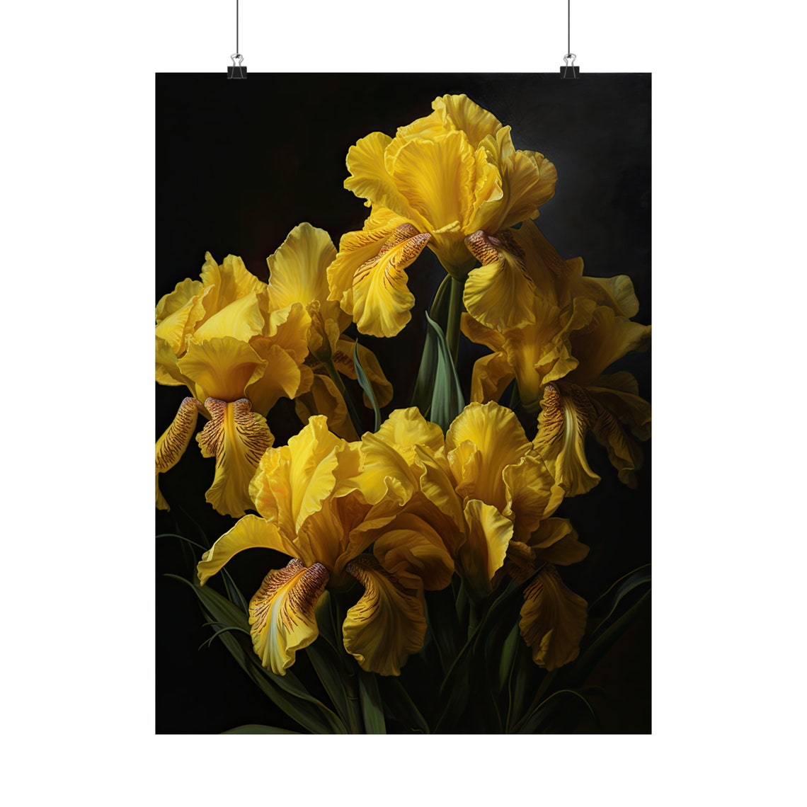 Golden Yellow Iris Blossoms Cluster Dark Moody Floral Wall Art Print - Image 5