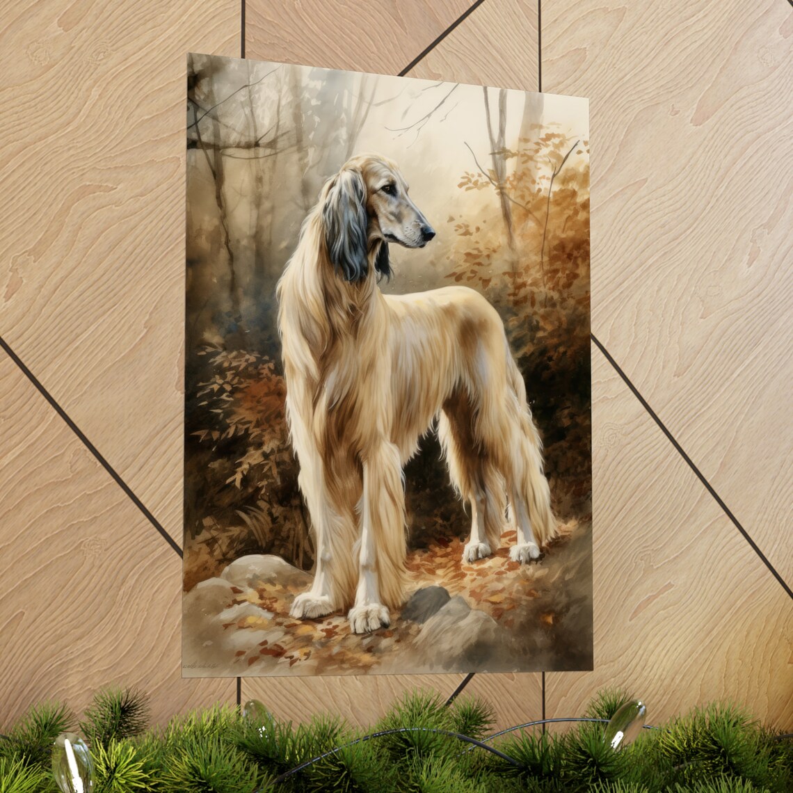 Afghan Hound Standing In Golden Autumn Forest Watercolor Dog Poster - Image 2
