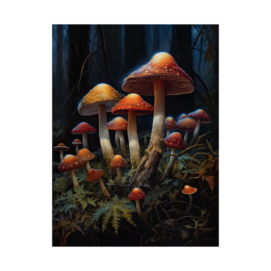 Tall Glowing Fly Agaric Mushrooms In Midnight Forest Night Art Poster - Image 4