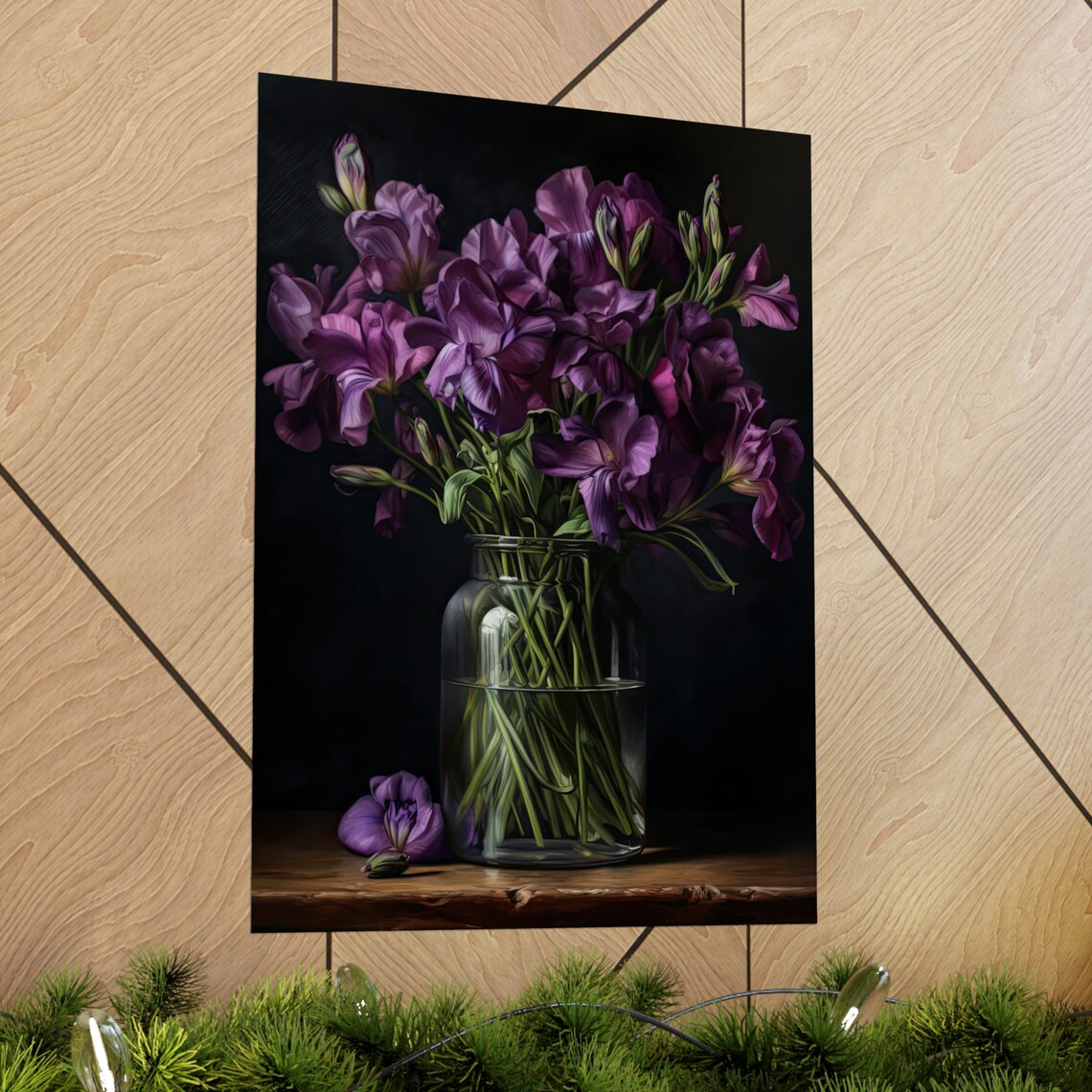 Purple Freesia Bouquet Dark Moody Still Life Glass Vase Art Print - Image 2
