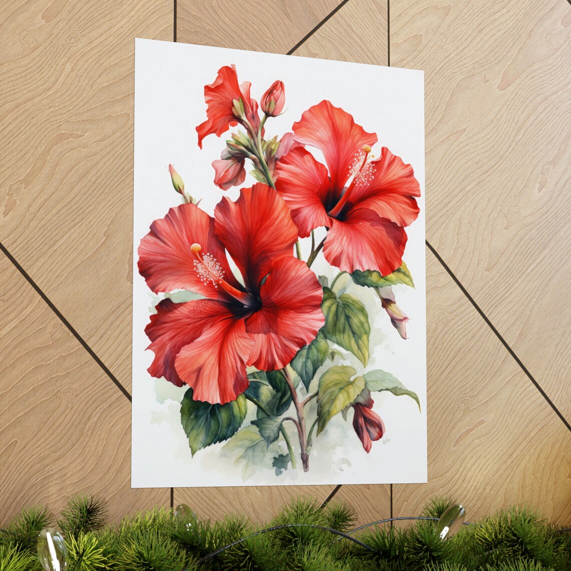 Red Orange Hibiscus Blooms Watercolor Tropical Fine Art Poster - Image 2