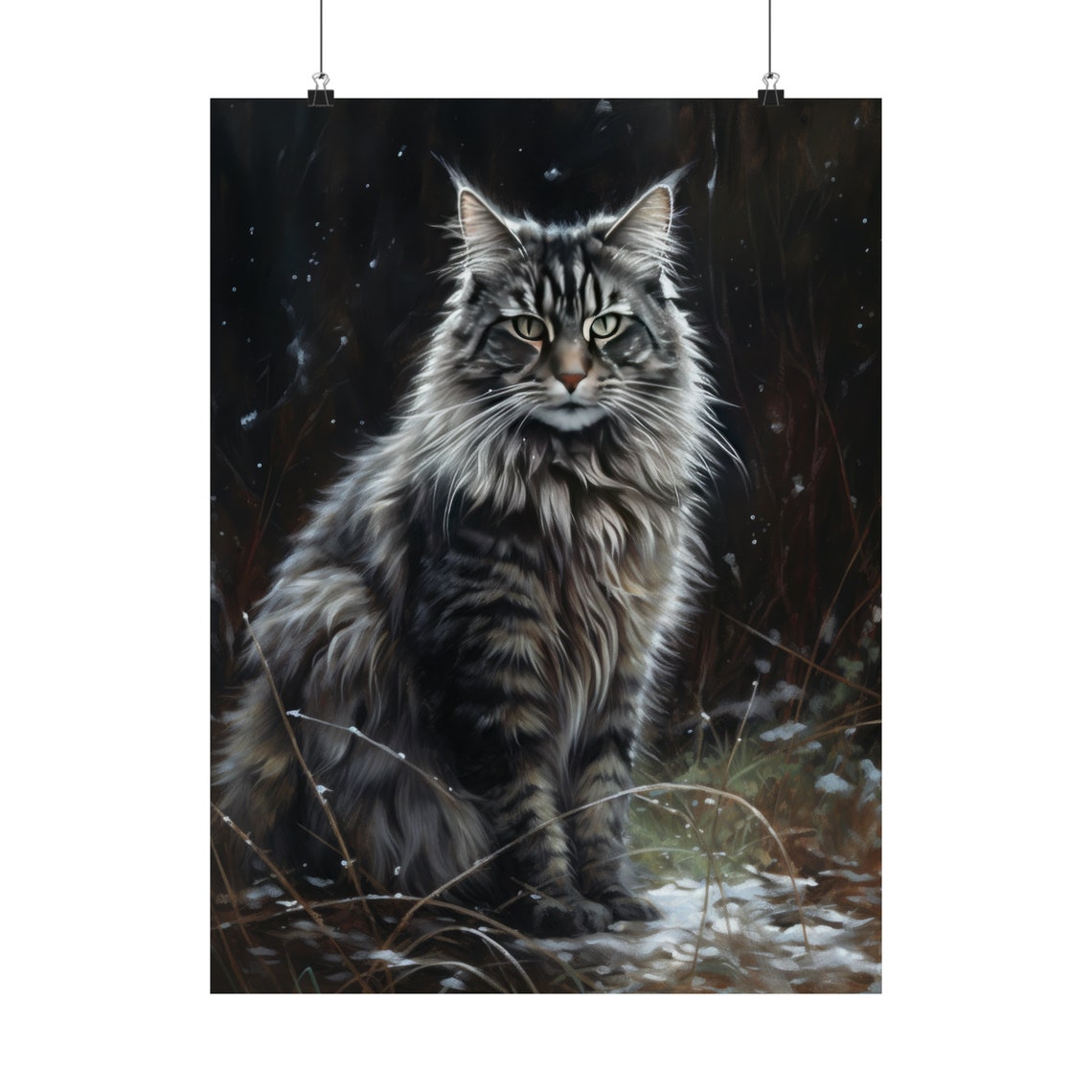Long Haired Tabby Cat Snowy Forest Portrait Feline Art Poster - Image 5