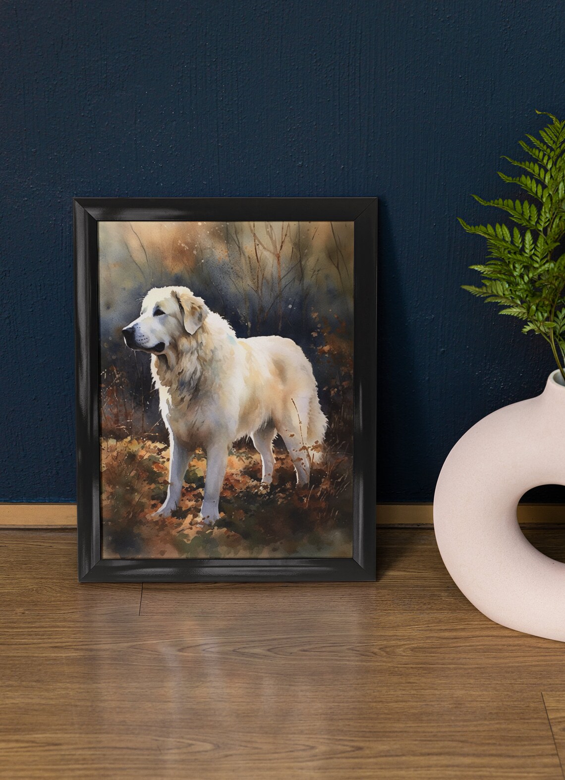 Kuvasz White Fluffy Guardian Dog Autumn Field Watercolor Poster