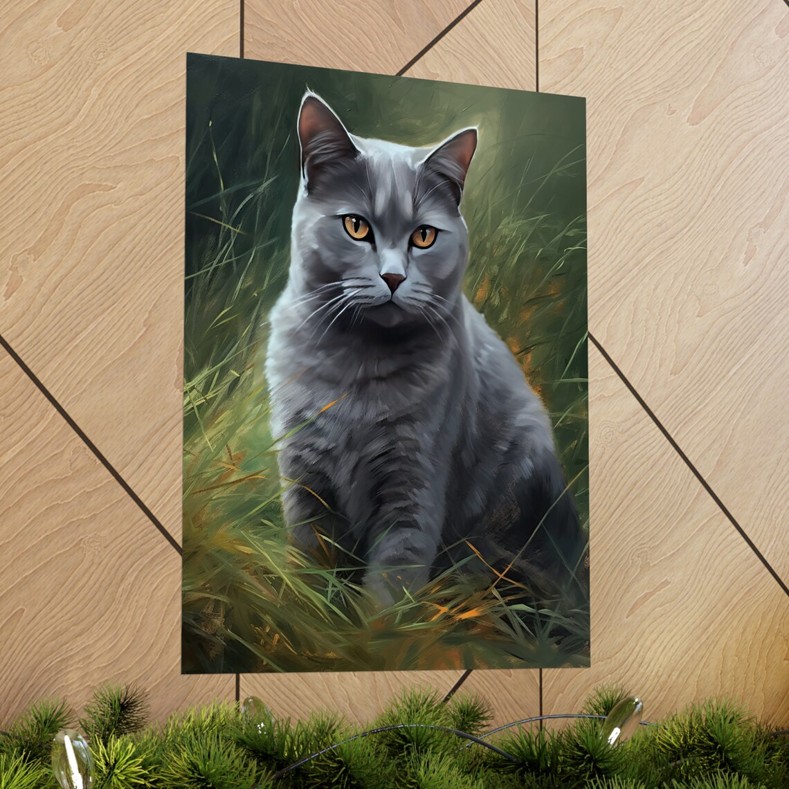 Chartreux Cat Blue Gray Shorthair Golden Eyes Portrait In Grass Art Print - Image 2