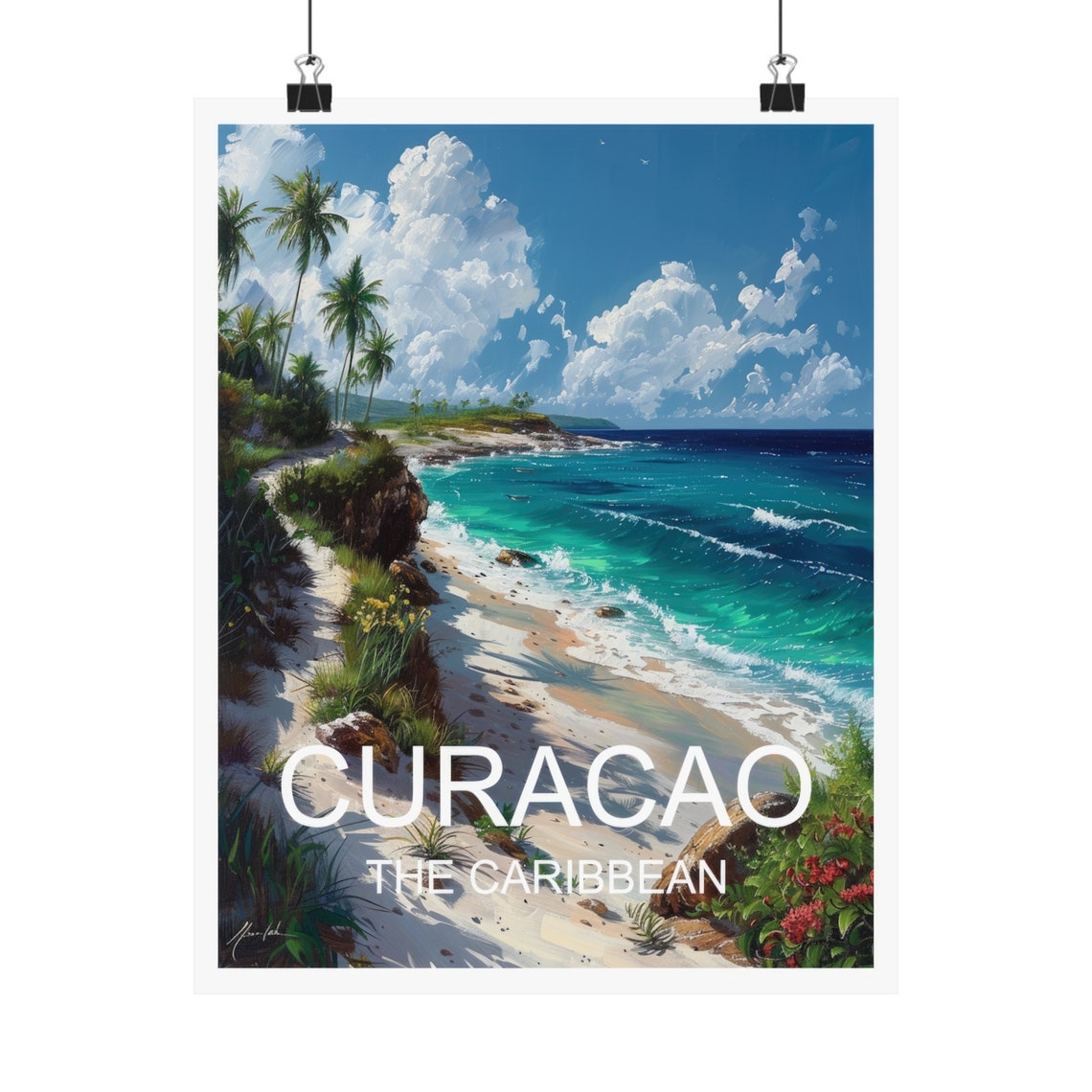 Curacao Caribbean Beach Cove Palm Trees Turquoise Water Travel Poster - Image 4