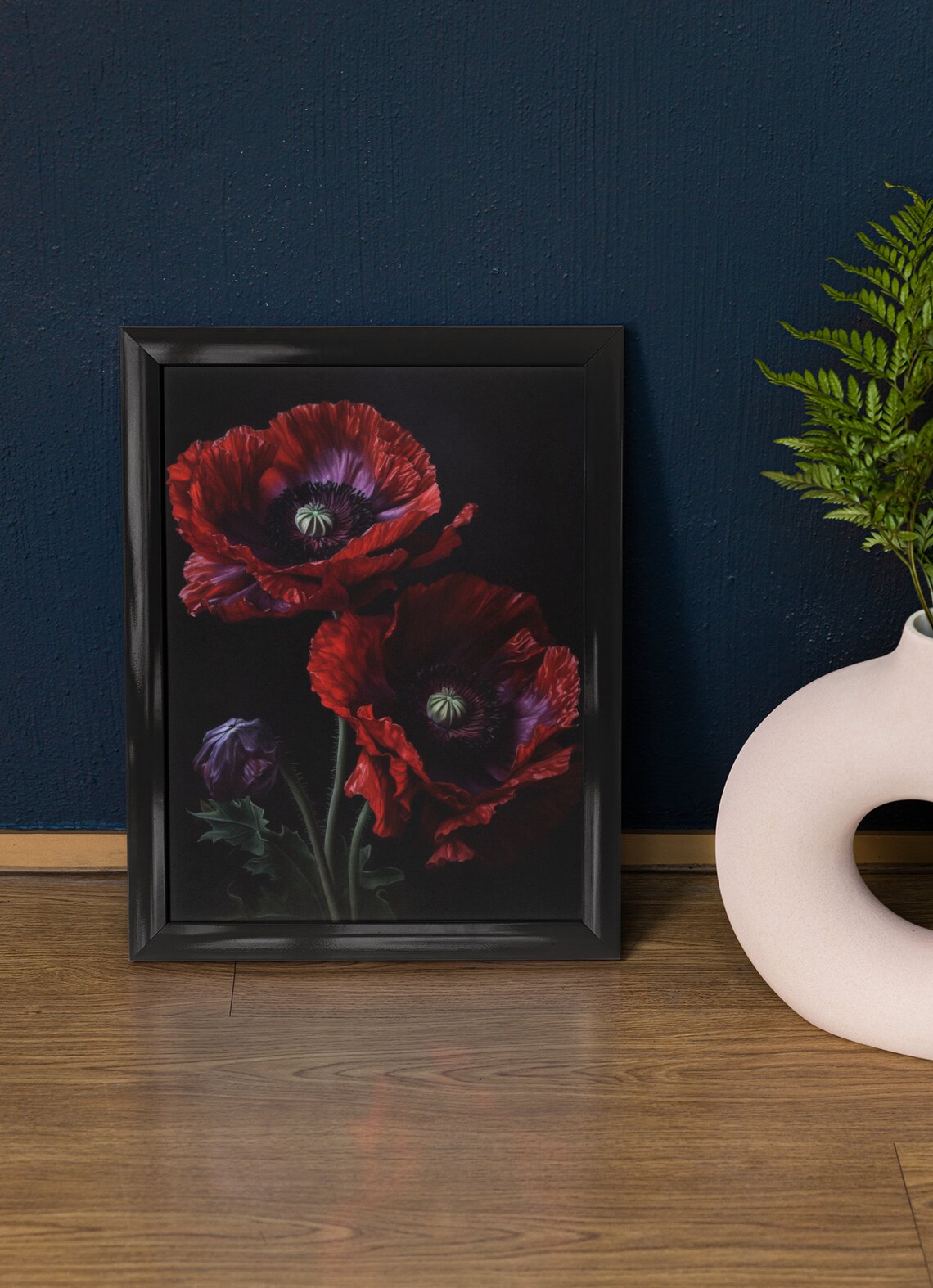 Oriental Poppy Flowers Deep Red Dark Moody Botanical Art Print