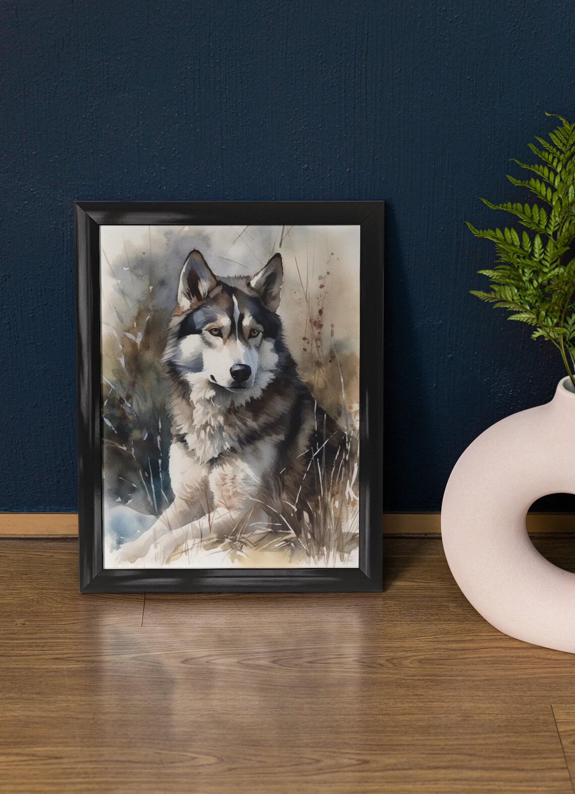 Siberian Husky Dog Watercolor Portrait in Wild Meadow Poster