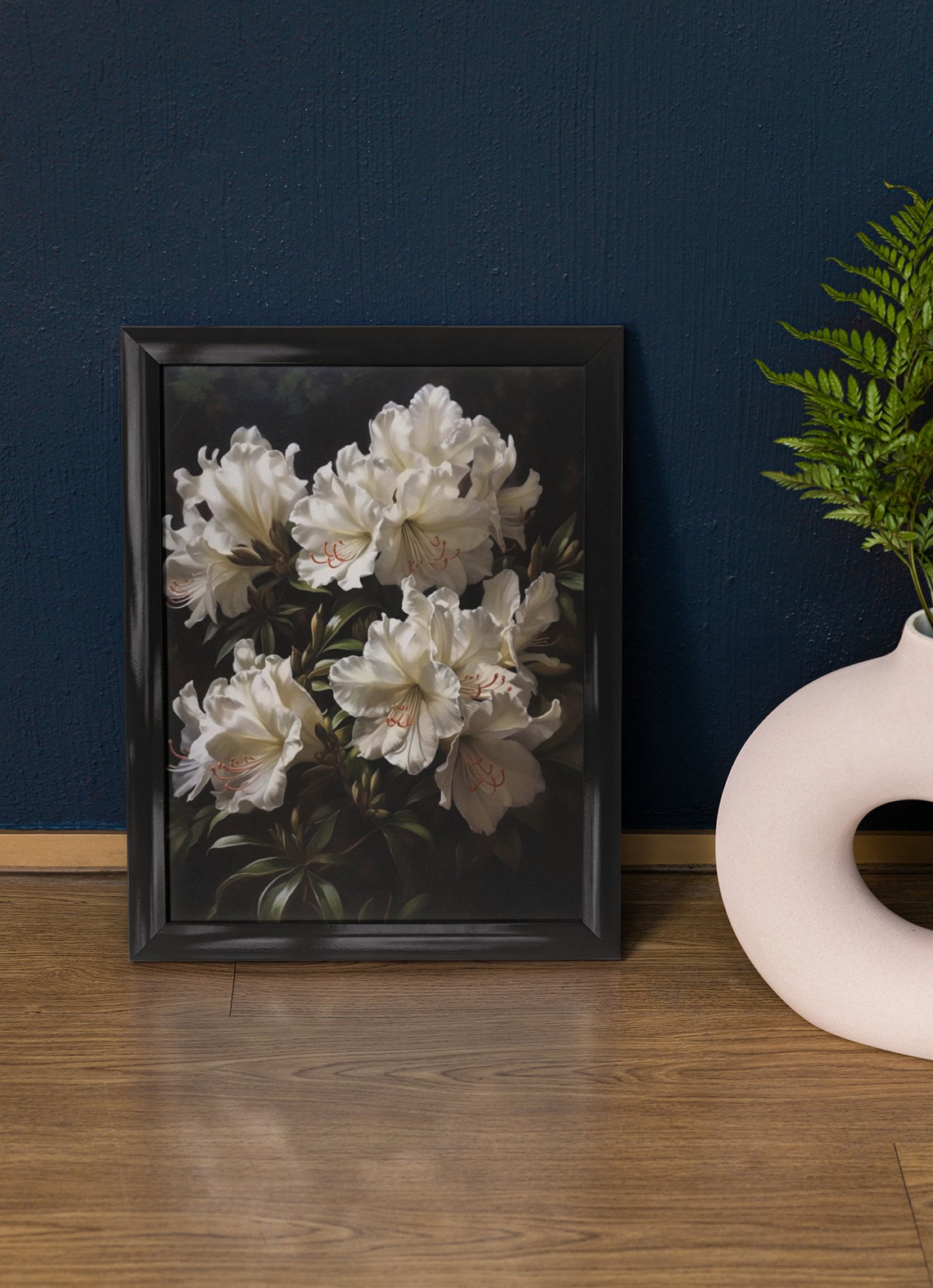 Elegant White Azalea Blossoms Dark Moody Botanical Art Poster