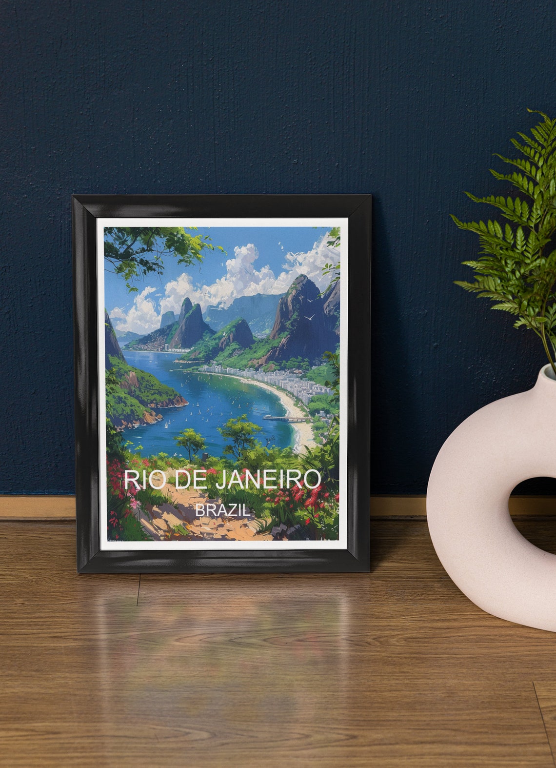 Rio de Janeiro Brazil Curved Beach Green Mountains Travel Poster
