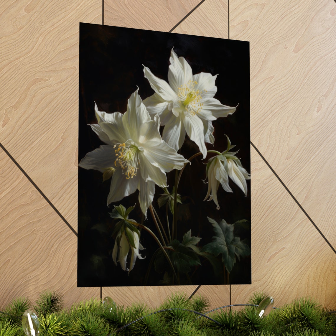 White Columbine Delicate Blooms Yellow Centers Dark Floral Poster - Image 2