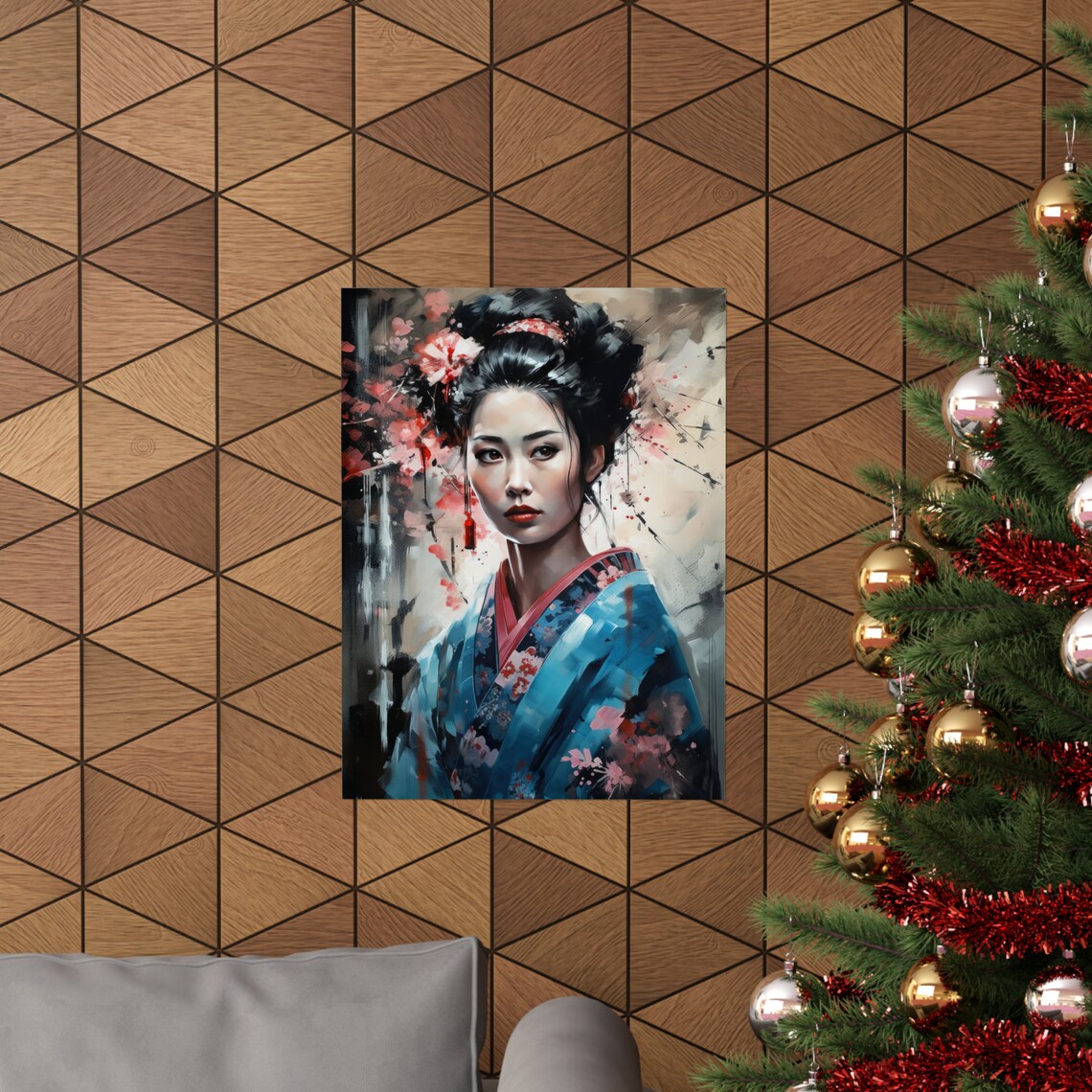 Geisha Blue Kimono Cherry Blossom Artistic Portrait Asian Art Poster - Image 3