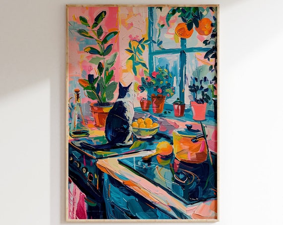 Cat In The Kitchen, Vintage Food Art Print For Kitchen Decor