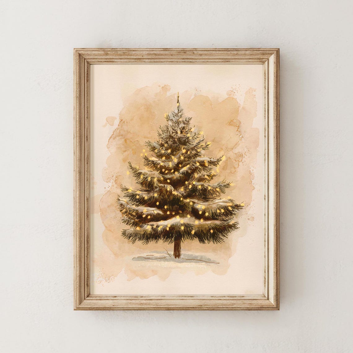 Watercolor Snowy Christmas Tree Warm Lights Beige Wash Poster