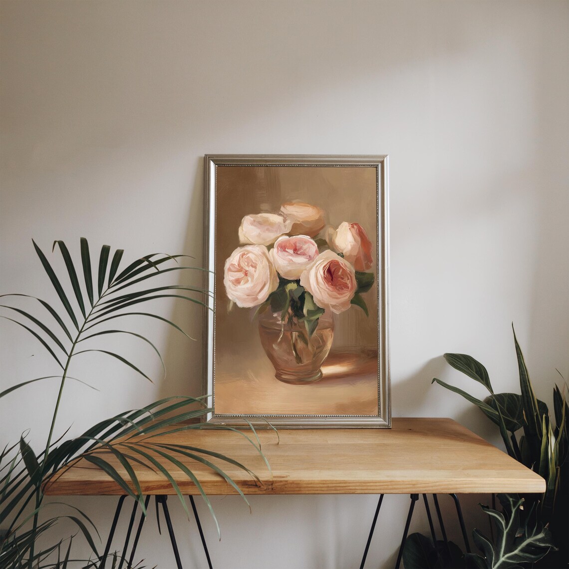 Blush Pink Garden Roses in Glass Vase Soft Warm Oil Painting Poster - Image 4