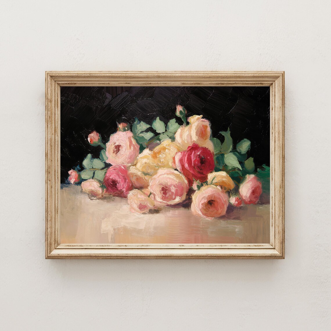 Pink Roses Bouquet Oil Painting Still Life Dark Moody Floral Poster