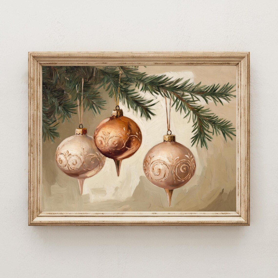 Vintage Rose Gold Christmas Ornaments Pine Branch Painting Poster - Image 4