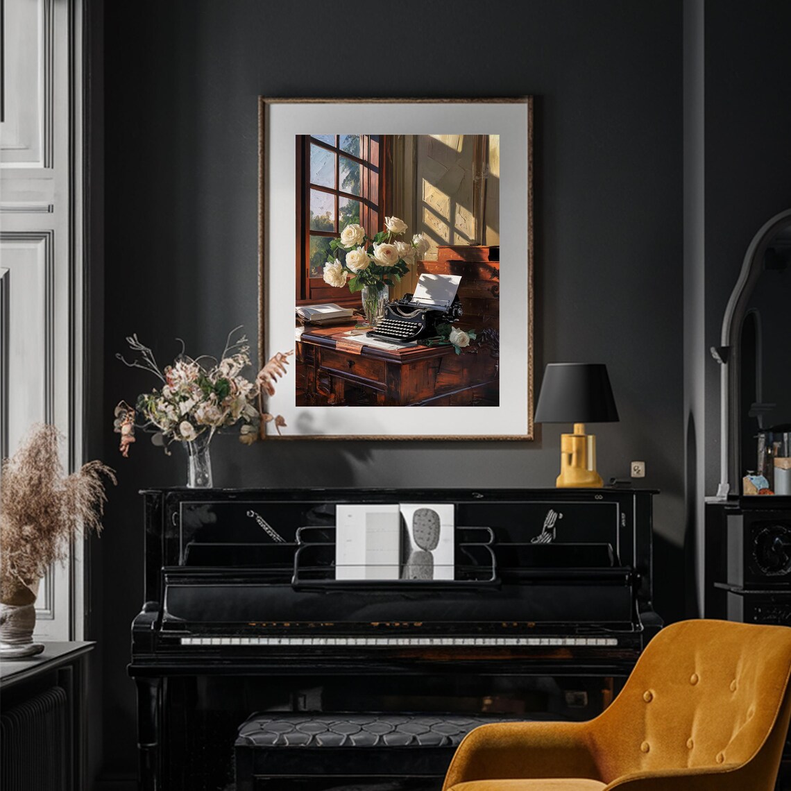 Antique Typewriter With White Roses Sunny Window Still Life Poster - Image 3