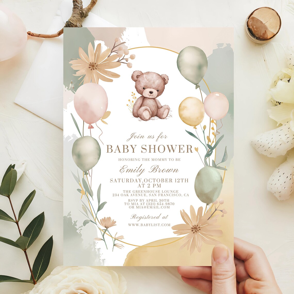 Sweet Teddy Bear Baby Shower Invitation Balloons Floral Print Set - Image 4
