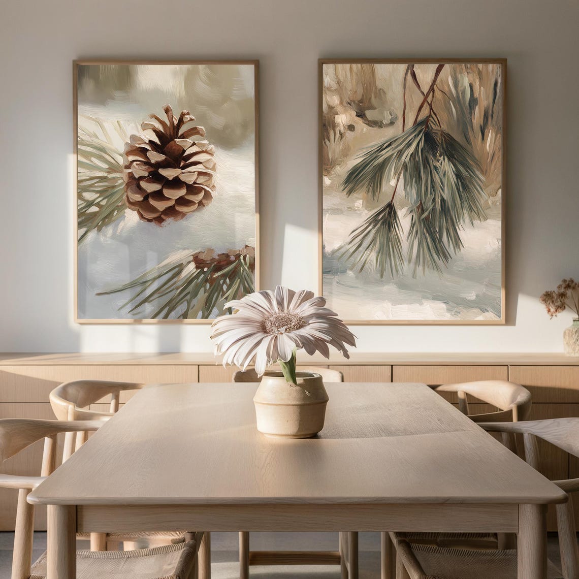 Winter Pinecone and Pine Branch Botanical Pair Painting Poster - Image 3