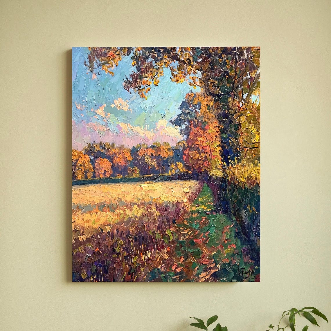 Autumn Field at Golden Dusk Poster with Textured Impasto Trees View