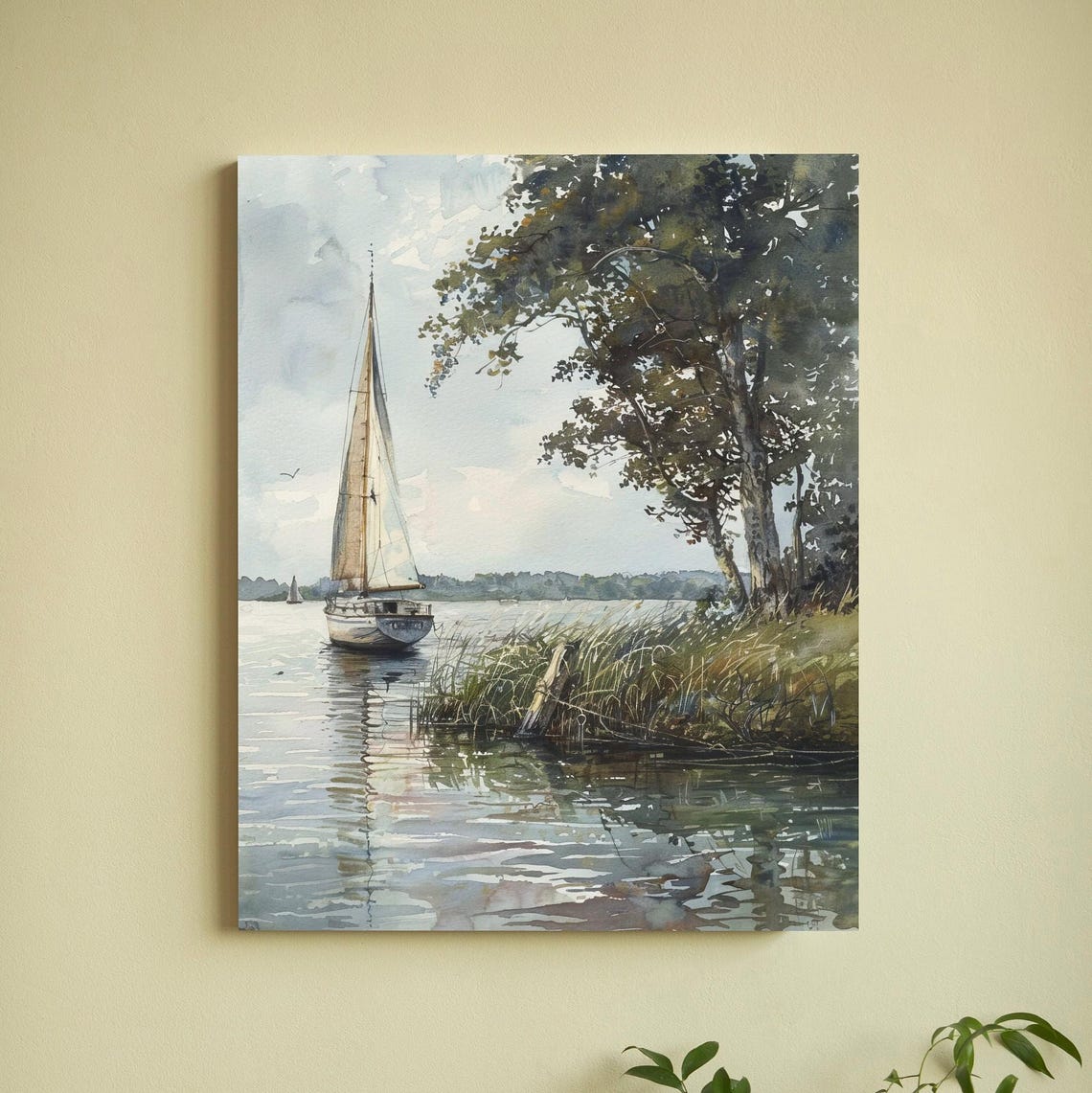 Watercolor Sailboat Poster on a Calm Lake by a Tree Lined Shore