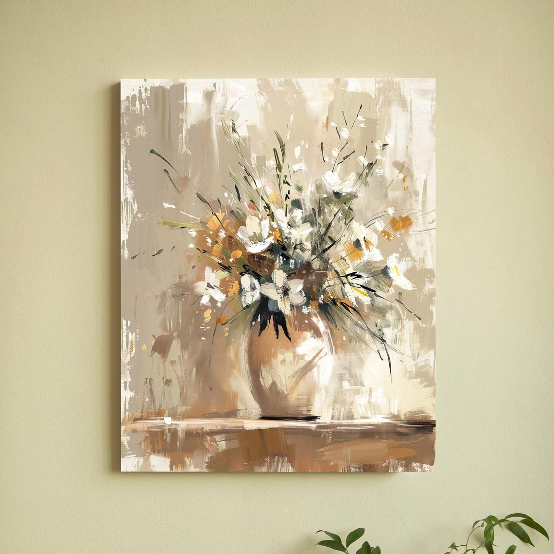 Loose White Wildflower Bouquet Poster in Ceramic Vase Neutral Tones