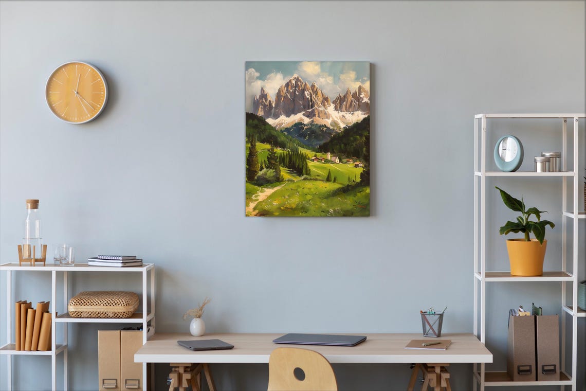 Alpine Village Green Meadow Jagged Snowy Peaks Pine Valley Poster - Image 2