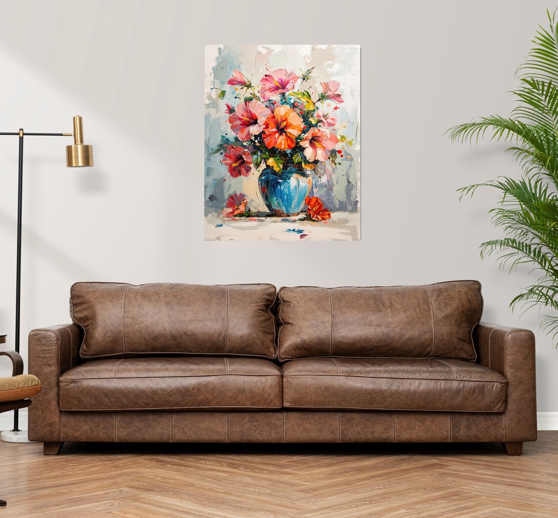 Colorful Hibiscus Bouquet Blue Vase Modern Floral Art Poster - Image 3