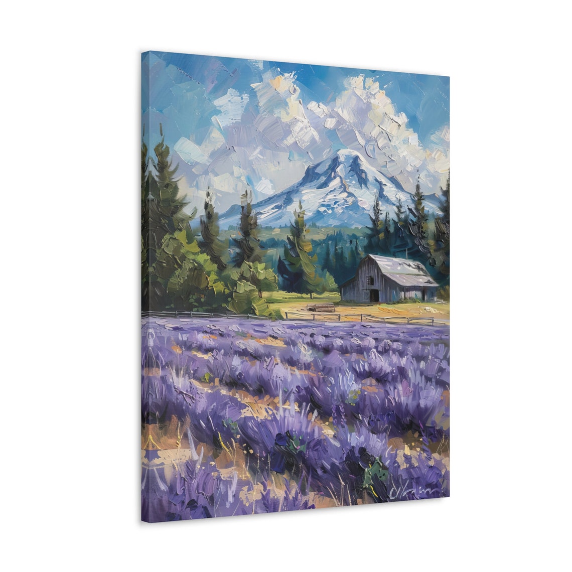 Lavender Rows with Weathered Gray Barn Beneath Snow-Capped Peak Poster - Image 4