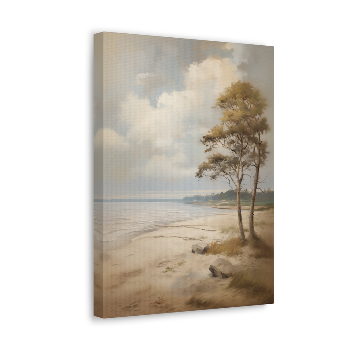 Serene Beach with Windblown Trees in Soft Neutral Tones Poster - Image 4