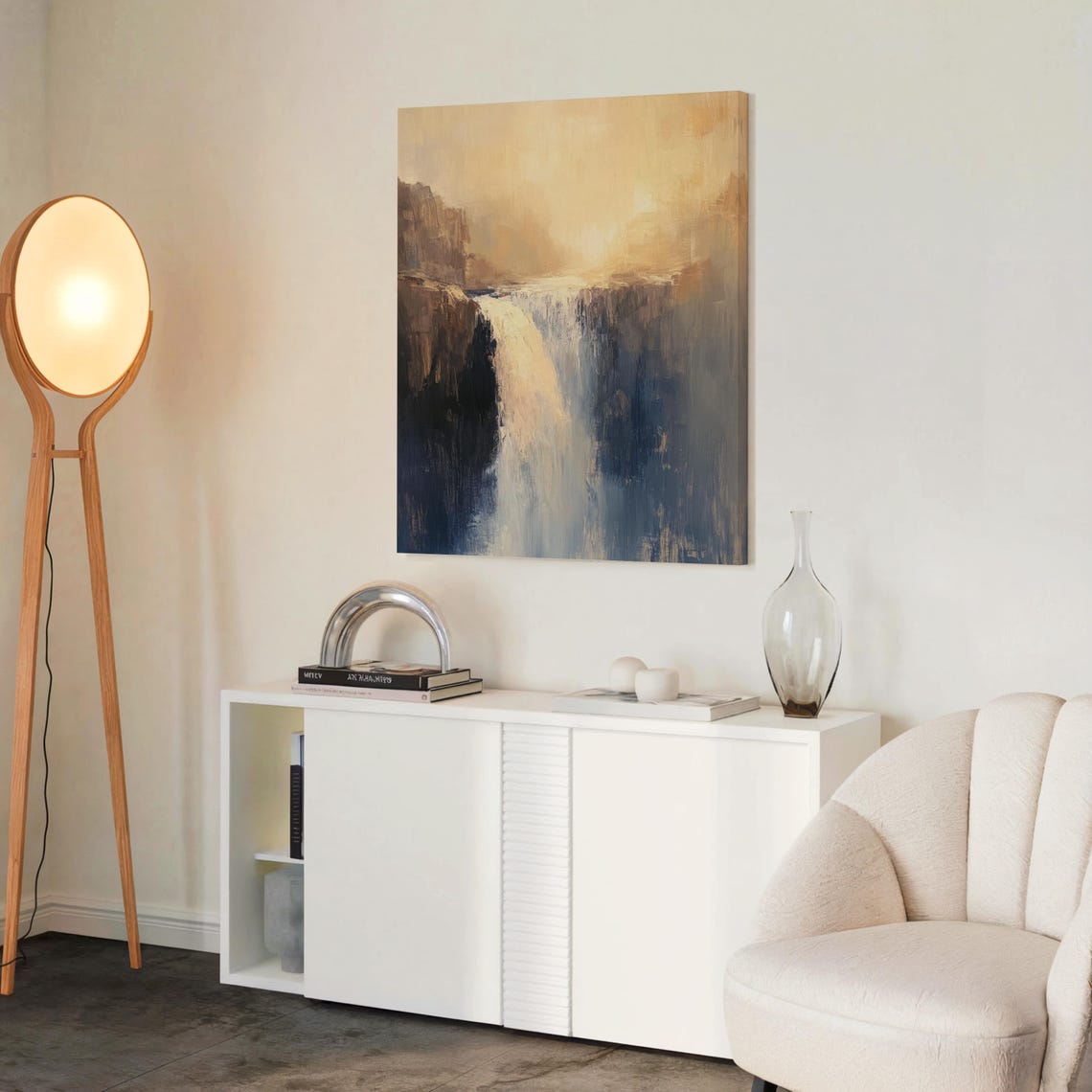Abstract Waterfall Beige Blue Painterly Modern Minimalist Art Poster - Image 2