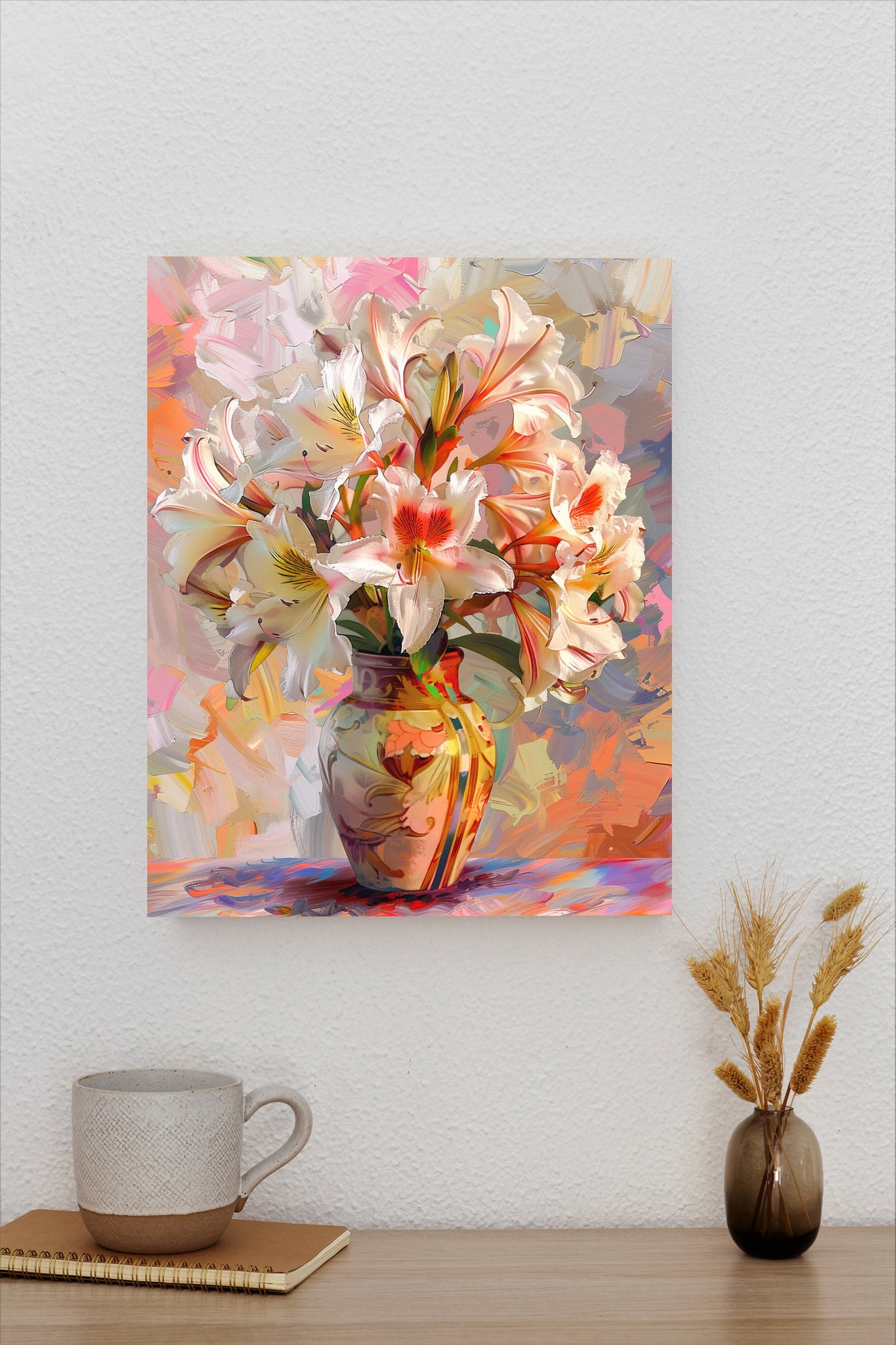 White and Pink Lilies in Decorated Vase with Abstract Pastel Poster - Image 2