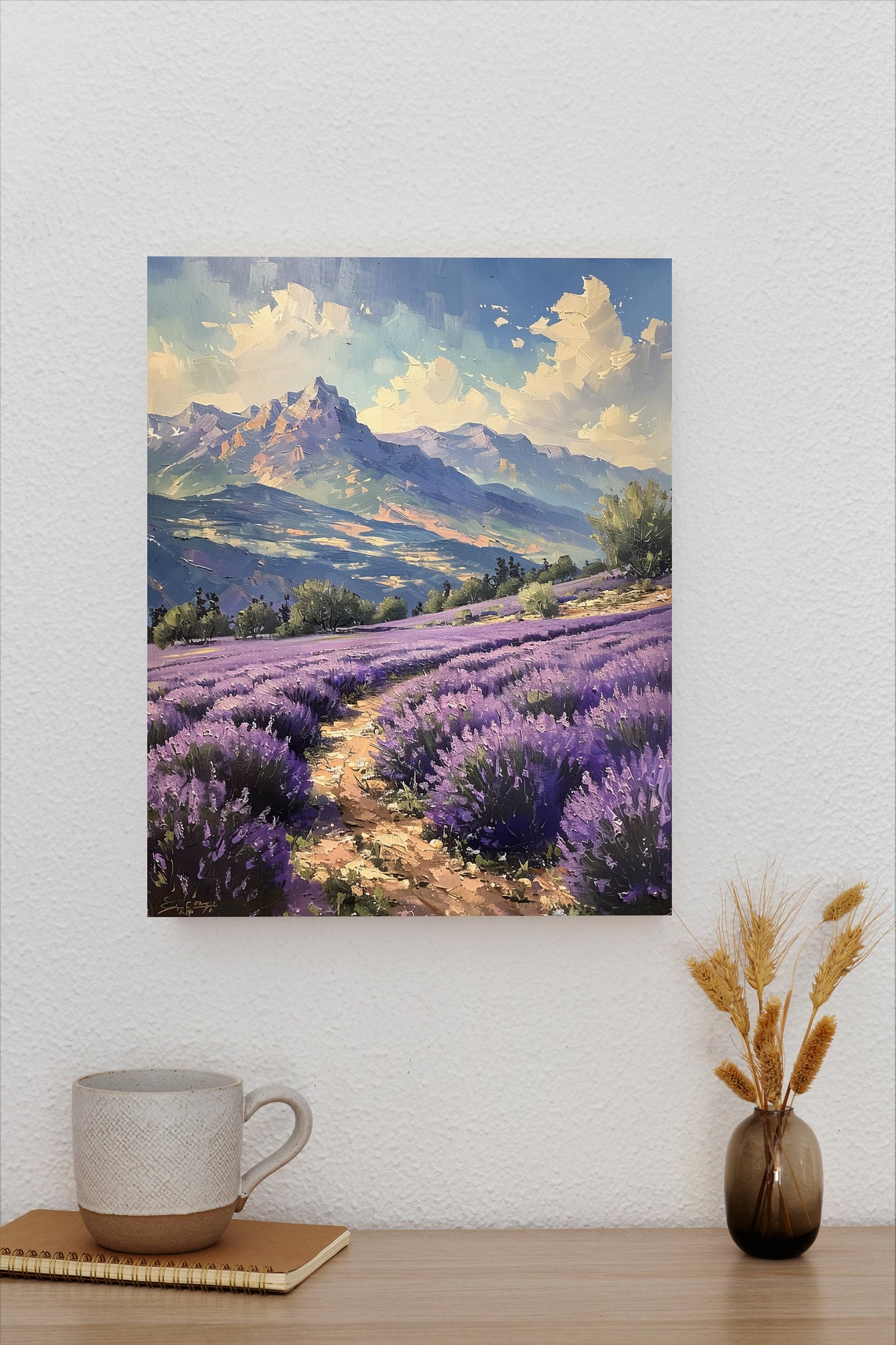 Lavender Field Rows with Dirt Path Beneath Rocky Peaks Poster - Image 2