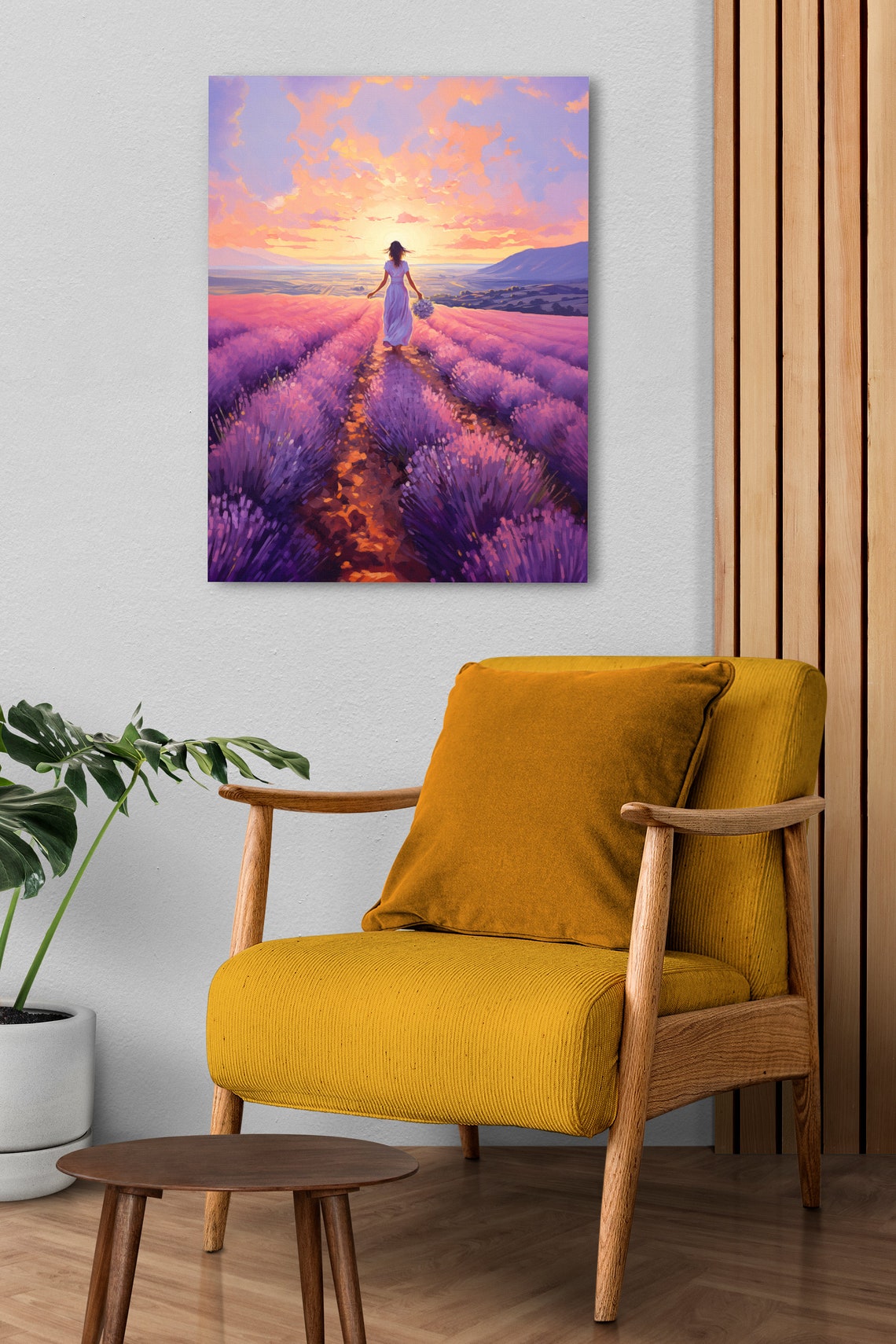 Woman Walking a Lavender Field Poster at a Dreamy Pink Sunset Scene - Image 2