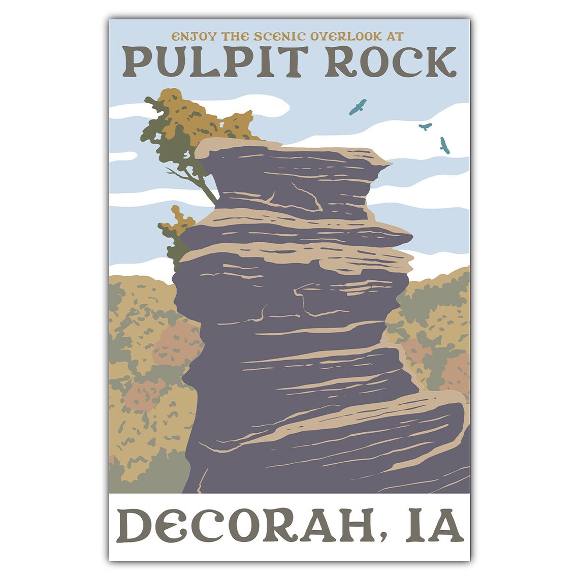 Decorah Iowa Pulpit Rock Scenic Overlook Vintage Travel Poster