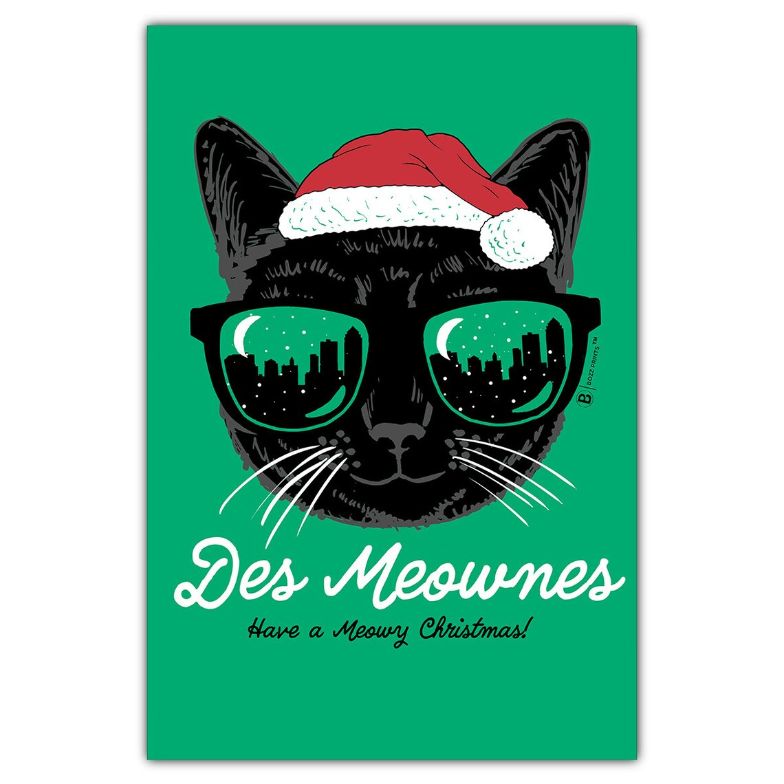 Des Meownes Funny Black Cat Santa Hat Meowy Christmas Holiday Poster