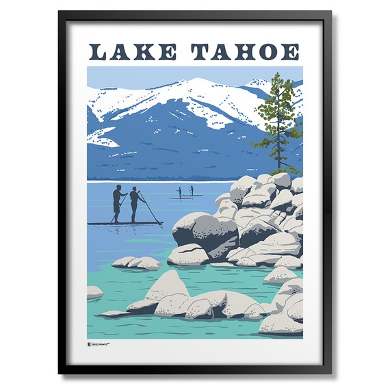 Lake Tahoe Sand Harbor Paddleboarders Turquoise Water Boulders Travel Poster