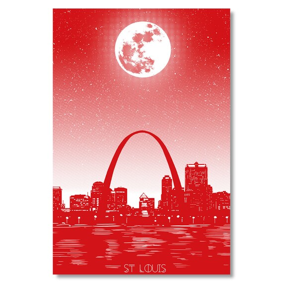 St Louis Gateway Arch Full Moon Night Skyline Red Art Poster