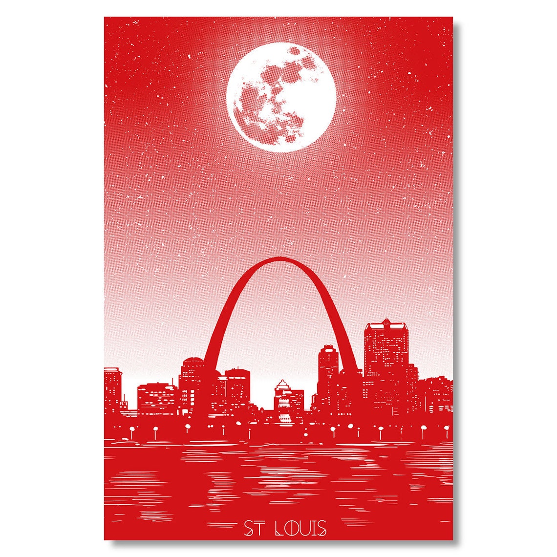 St Louis Gateway Arch Full Moon Night Skyline Red Art Poster