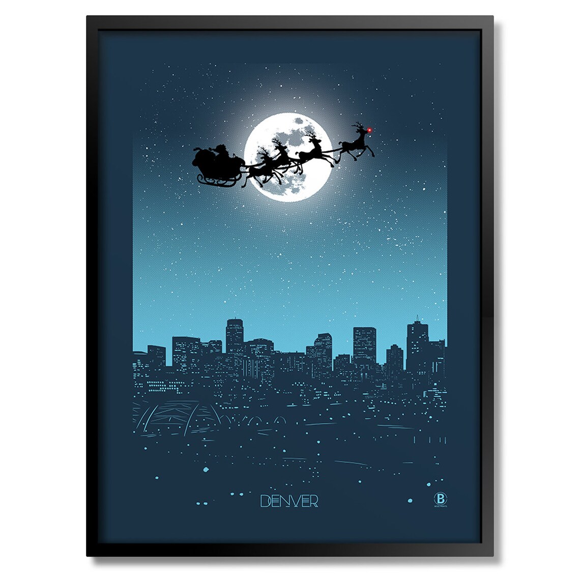 Denver Colorado Santa Sleigh Full Moon Christmas Skyline Poster