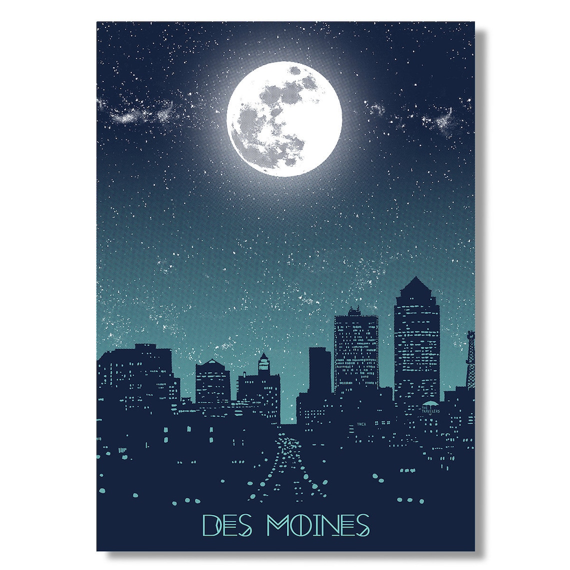 Des Moines Full Moon Night Sky City Skyline Navy Night Art Poster