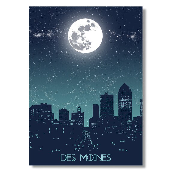 Des Moines Full Moon Night Sky City Skyline Navy Night Art Poster