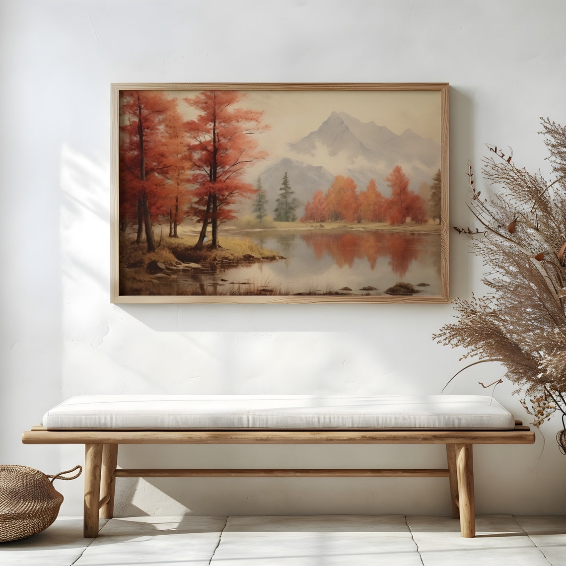 Red Autumn Trees by Mountain Lake Vintage Fall Landscape Poster - Image 3
