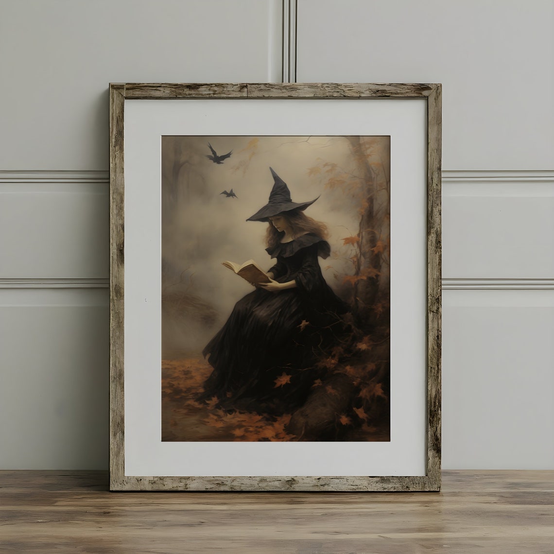 Witch Reading Book Misty Autumn Forest Crows Magic Spell Poster - Image 3